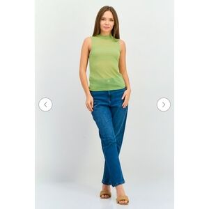 Mango MNG Sheer Lime Green Mock Neck Sleeveless Blouse Size Small